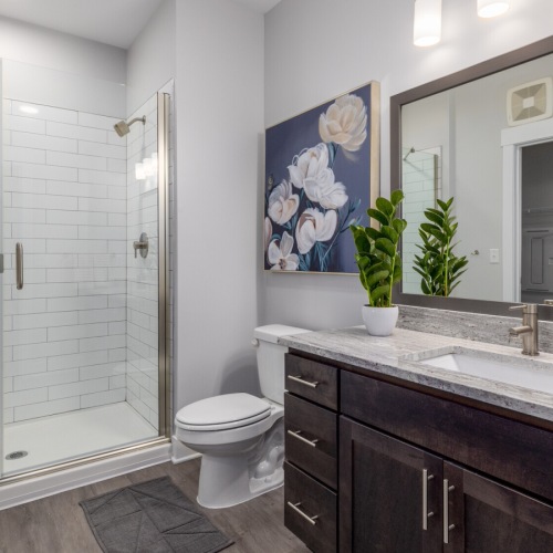 Model bathroom at McDowell Point apartments in Naperville, IL, featuring a shower with glass doors and a large mirror. Model bathroom at McDowell Point apartments in Naperville, IL, featuring a shower with glass doors and a large mirror.